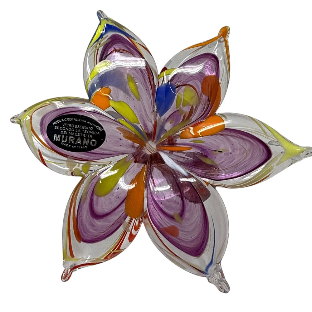 Murano Glass Flower Sculpture Italy Purple Orange Yellow Multicolor